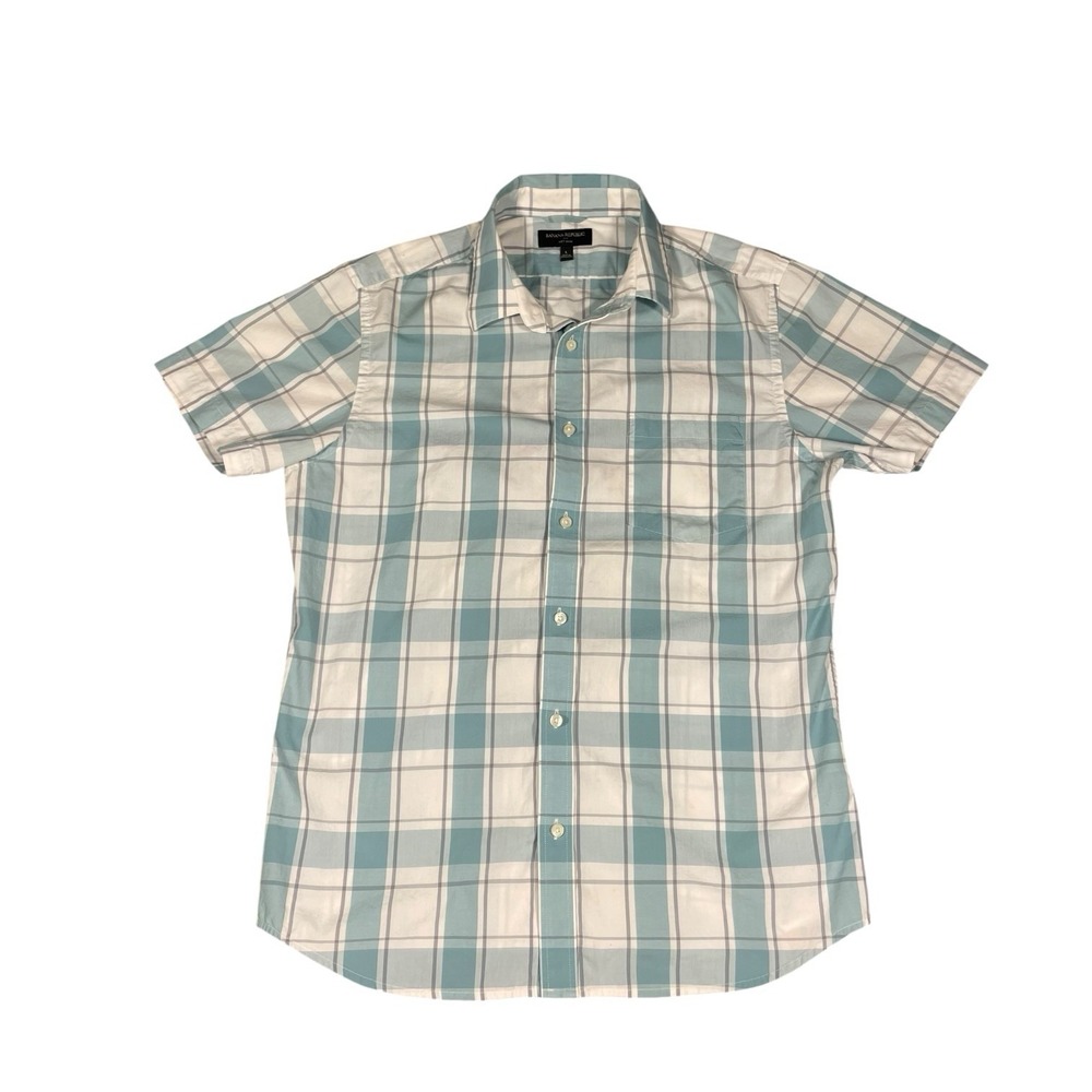 Banana Republic Men's Short Sleeve Plaid Button Down Shirt Blue White Size L